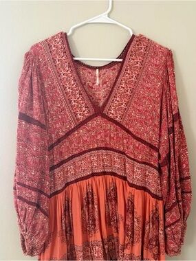 Free People Boho Red Paisley V-Neck Top